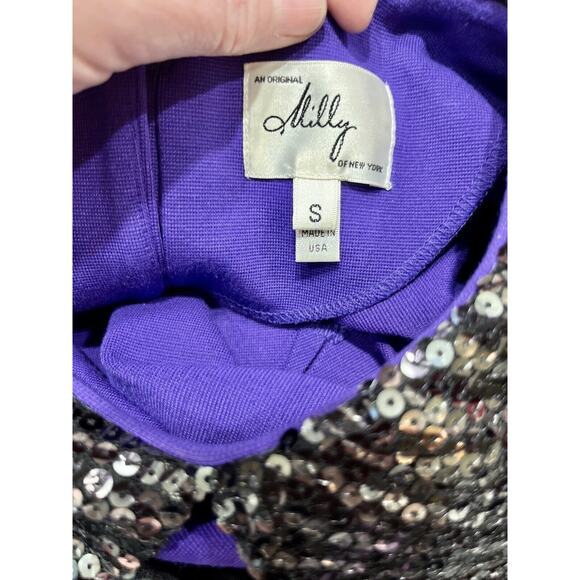 Milly Vintage Purple Blouse Black Sequin Collar Back Buttons Short Sleeve Sz SM - Picture 2 of 9